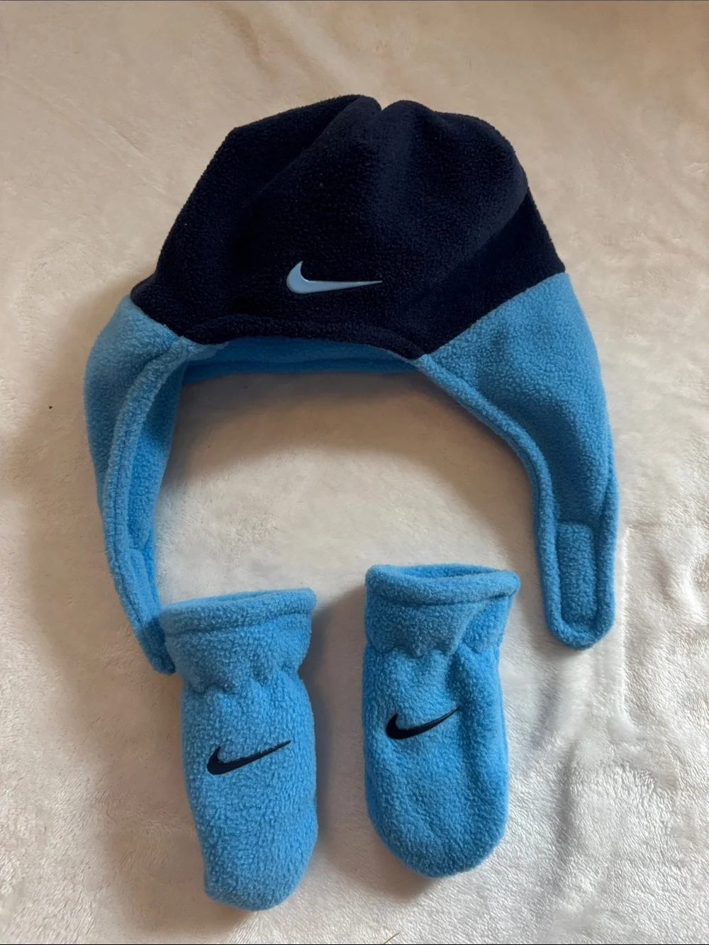 Nike Baby Fleece Earflap Beanie and Mittens Set Blue